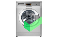 Silver front-loading washing machine with Cinch green checkmark
