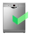 Silver front-loading washing machine with Cinch green checkmark