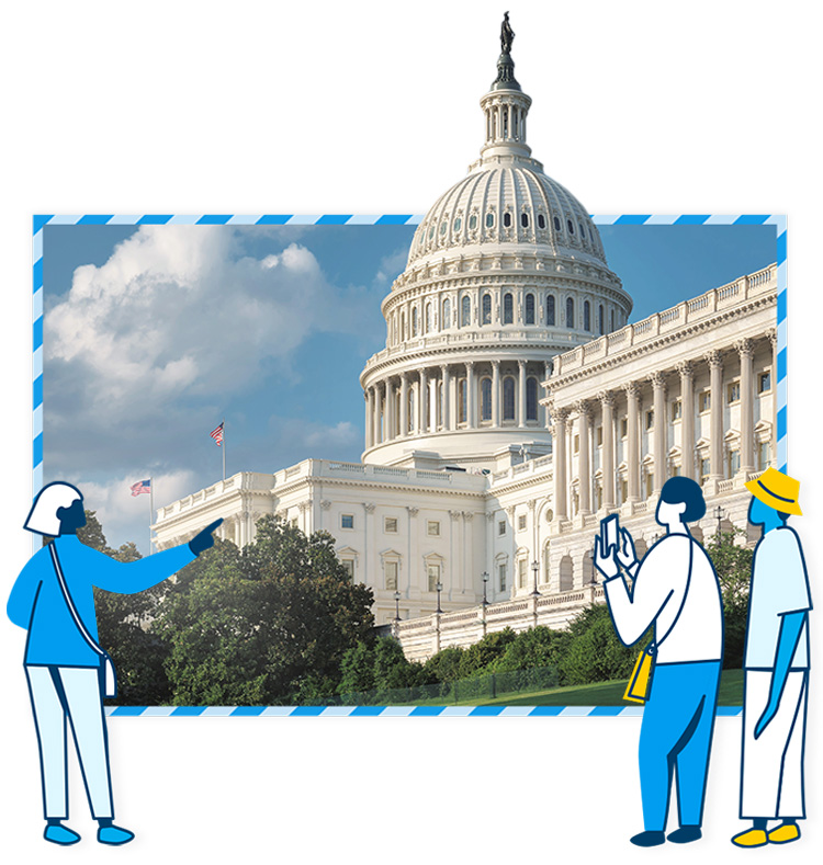 Capitol building photo with cartoon viewers